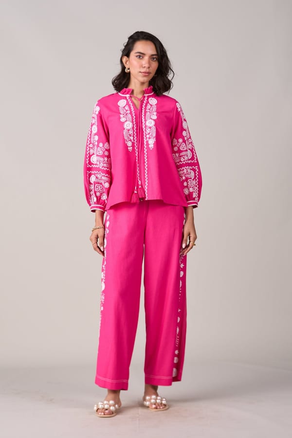 Pink Wide-Leg Embroidered Trousers — Style Island