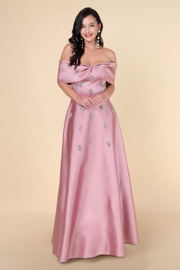 Pink Off-Shoulder Embellished Maxi Gown — NAZELLA