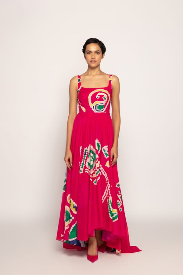 Hot Pink Paisley Print Asymmetrical Maxi Dress — Saaksha and Kinni