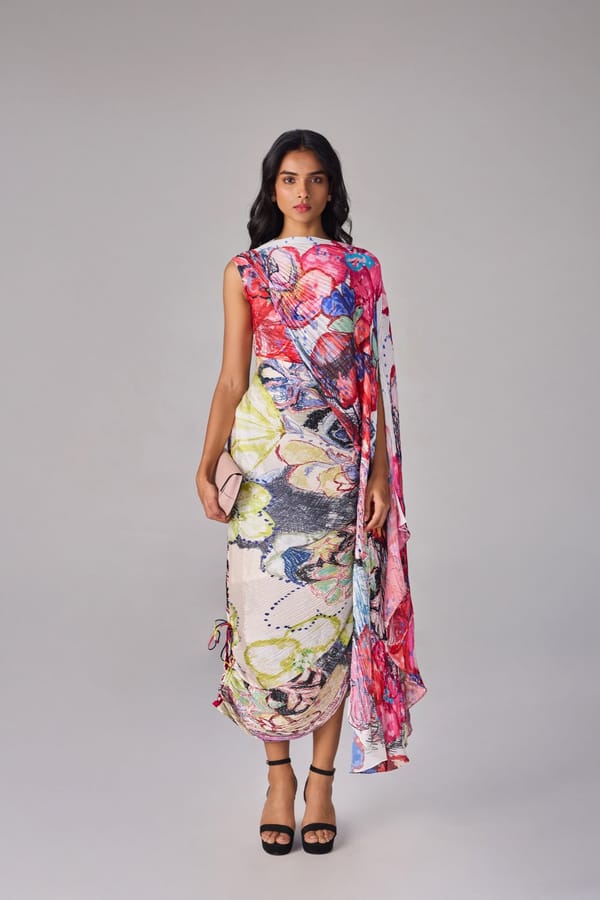Multi-Colour Abstract Floral Micro-Pleated Chiffon Midi Dress — Saaksha and Kinni