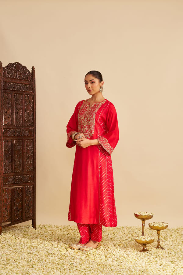 Red Upada Silk Embroidered Long Kurta Set — Sheetal Batra