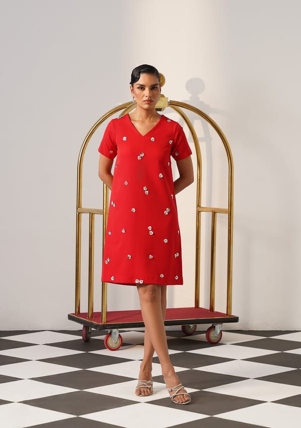 Red Knee-Length Shift Dress with 3D Floral Applique — AMOSHI