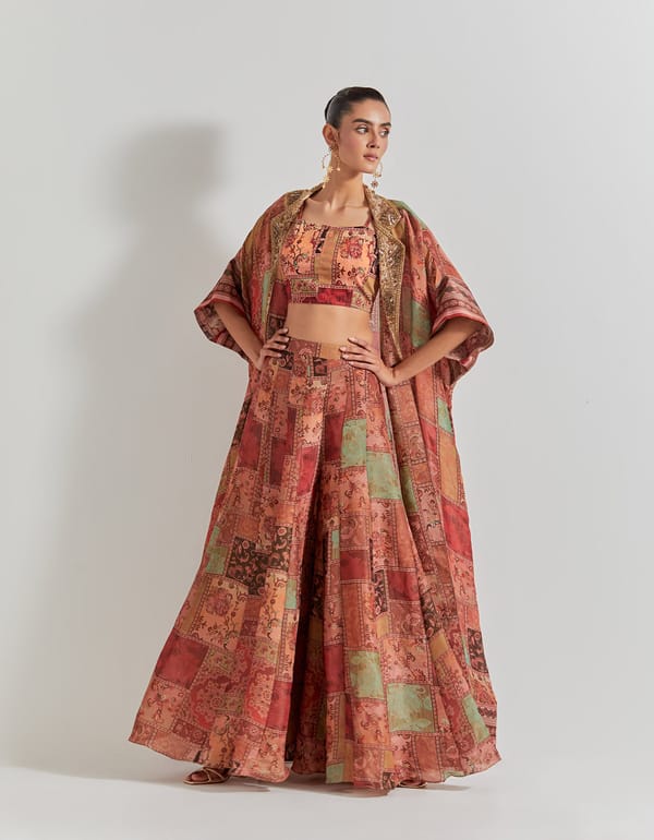 Multicolor Printed Bustier, Maxi Skirt and Cape Co-ord Set — Kavita Bhartia