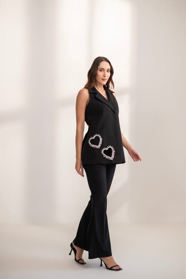 Black Lapel-Collar Top and Flared Pants Co-ord Set — AKSH