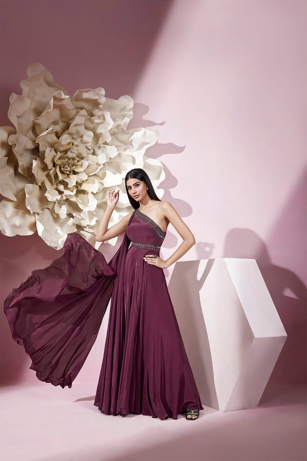 Plum One-Shoulder Crepe Maxi Gown with Drape — QUNIC