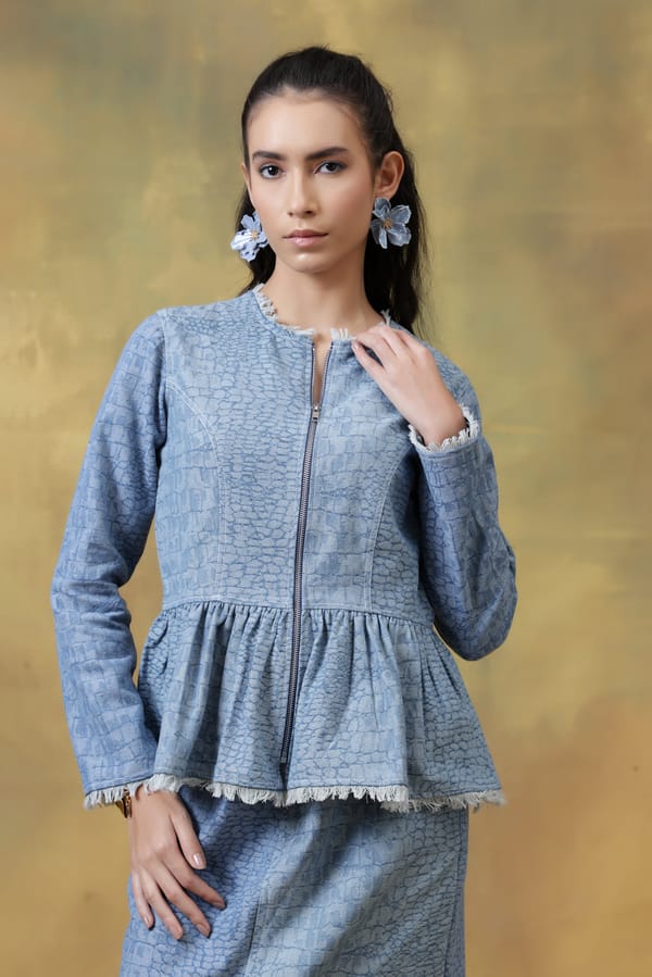 Blue Croc-Textured Denim Peplum Jacket — Rhe-Ana