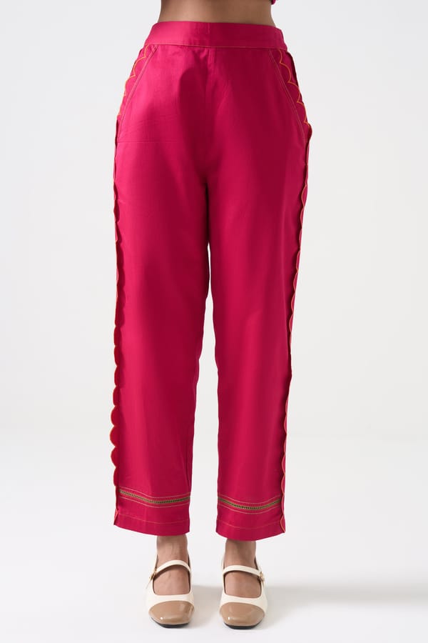 Hot Pink Straight-Leg Trousers with Scalloped Side Trim — STITCH STORIES