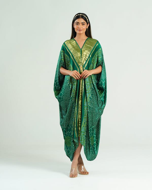 Dark Green and Gold Bandhani Print Satin Kaftan — Mayura Kumar