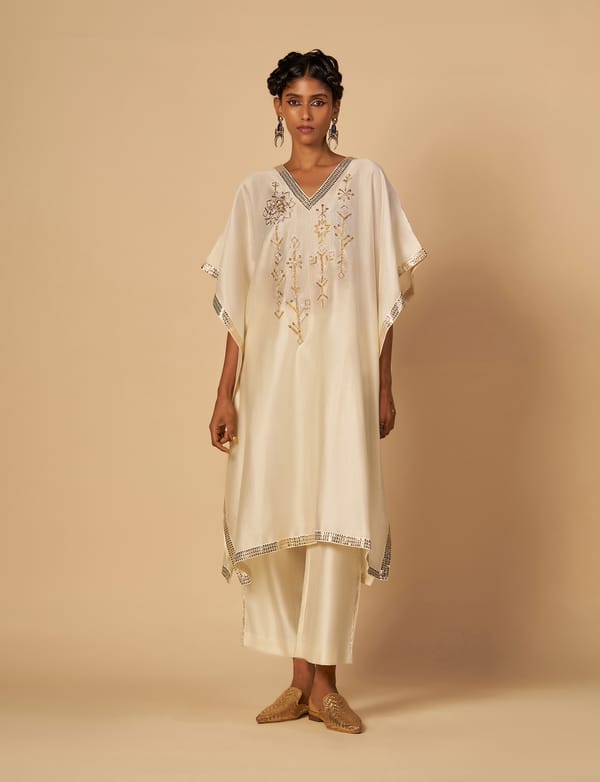 Off White Silk Chanderi Kaftan with Gota and Sequins — Gulabo by Abu Sandeep