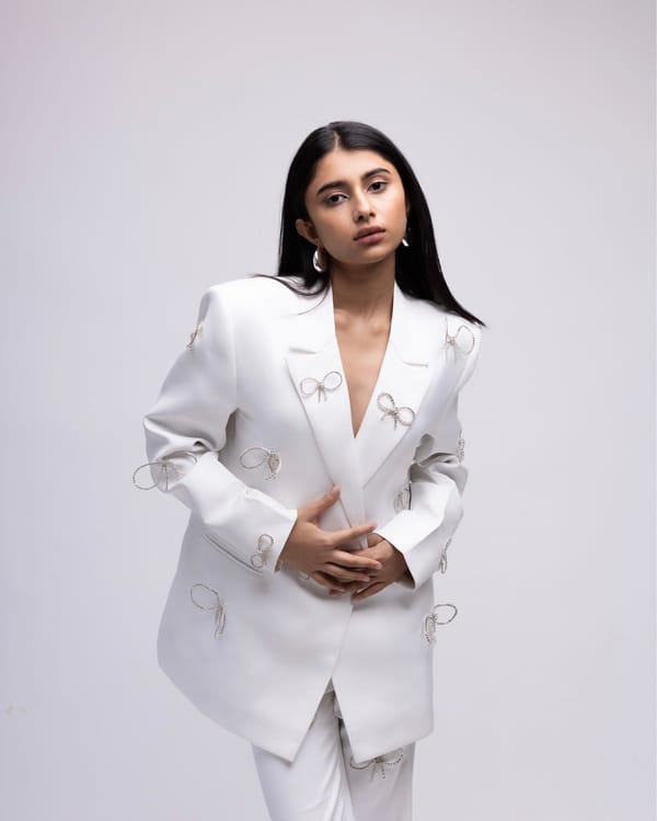 White Oversized Blazer with Rhinestone Bow Appliques — MAGIA
