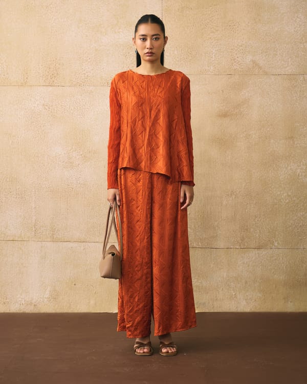 Orange Textured Top and Wide-Leg Pants Co-ord Set — Pleats by Aruni