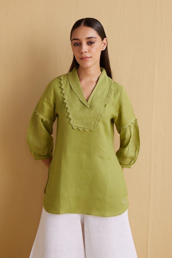 Henna Green Linen V-Neck Tunic Top with Lace Detail — YELL