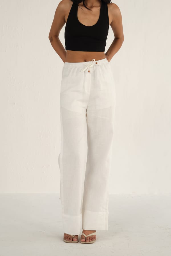 White Linen Drawstring Wide-Leg Trousers — Shop Staple