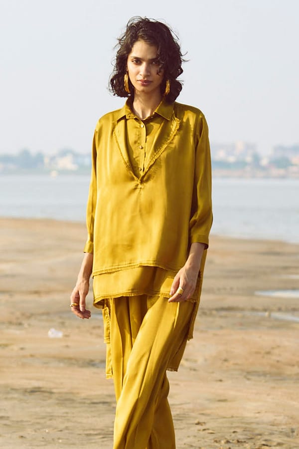 Mustard Satin Dual-Panel Tunic Top with High-Low Hem — Dash and Dot