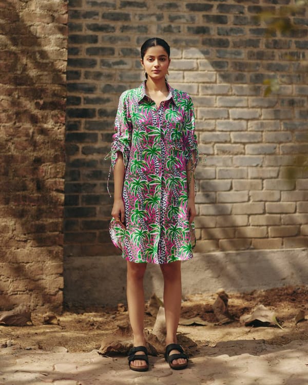 Palm Print Hemp Shirt Dress — EWOKE STUDIO