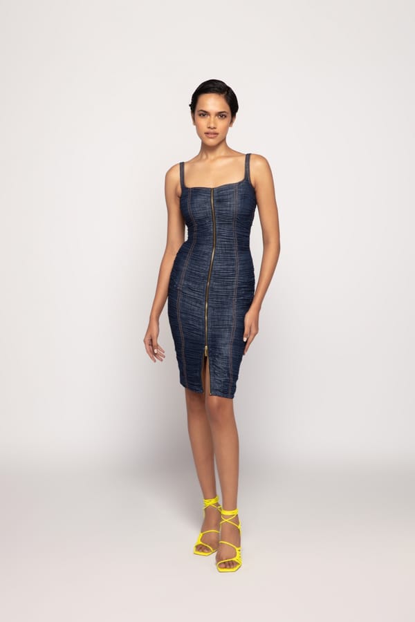 Dark Blue Denim Micro Pleated Zip-Front Bodycon Midi Dress — Saaksha and Kinni