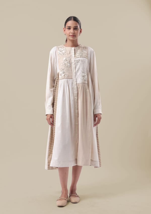 Off White Panel Dress with Yoke Embroidery — Subtle Shuttle Studio