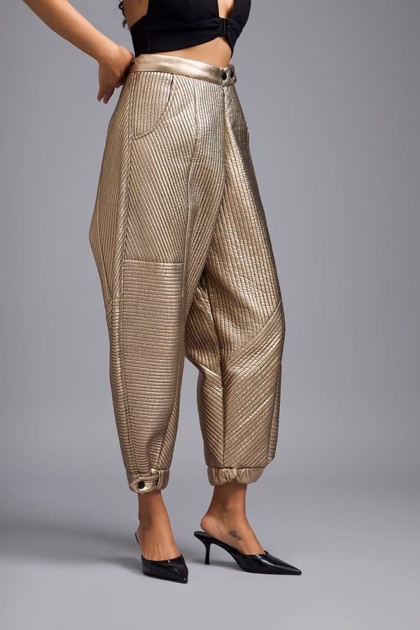 Gold Metallic Quilted High-Rise Balloon-Leg Trousers — Deepika Arora