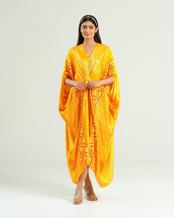 Mustard Gold Bandhani Print Satin Kaftan — Mayura Kumar