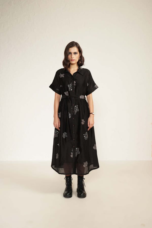 Black Silk Chanderi Printed Midi Shirt Dress with Slip — Arcvsh Pallavi Singh
