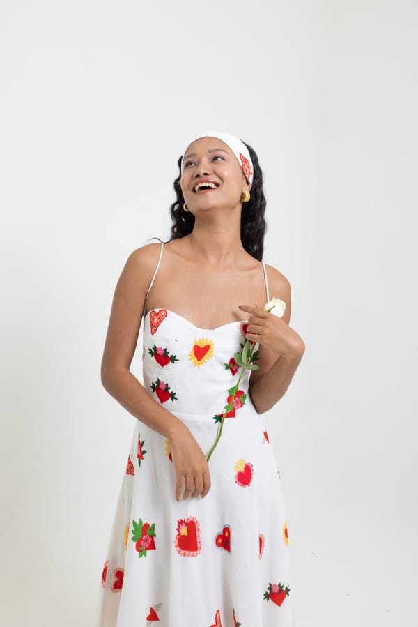 White Printed Fit and Flare Midi Dress with Sweetheart Neck — Label Sugar