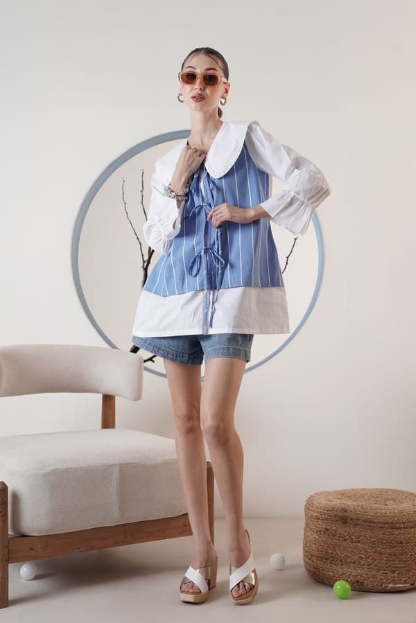 Blue and White Longline Shirt with Lace Collar — SURABHI ARYA