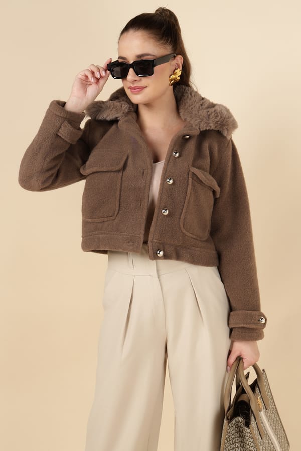 Taba Brown Cropped Jacket with Faux-Fur Collar — AYRISS