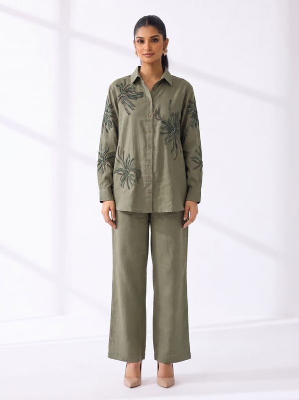 Green Cotton Shirt and Wide-Leg Pants Co-ord Set — THE LUXURY DRESSING