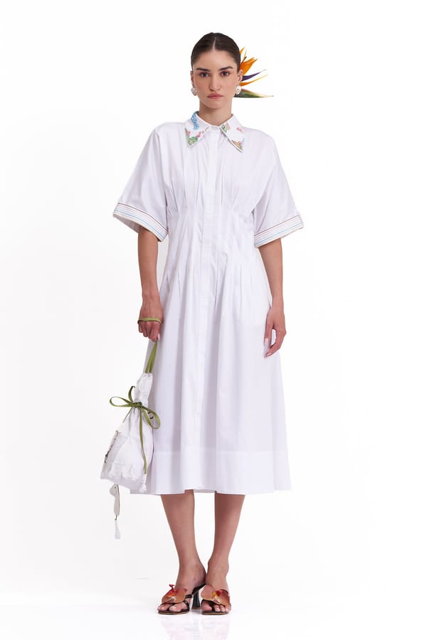 White Cotton Satin Midi Shirt Dress with Embroidered Collar — Our Love