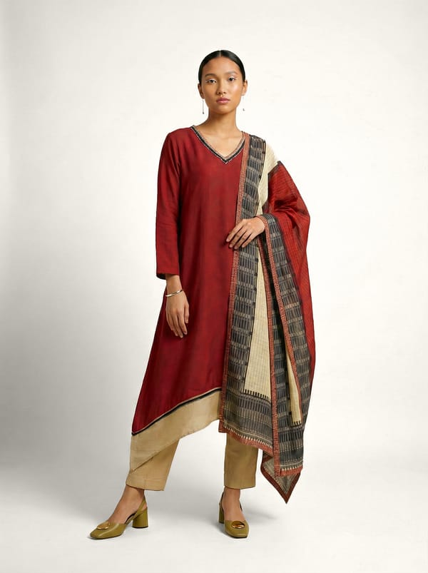 Red Muslin Silk V-Neck Asymmetrical Hem Kurta Set — SAUNDH