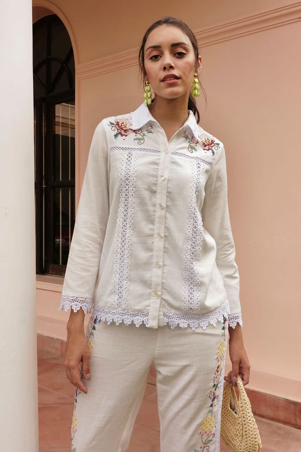 White Cotton-Linen Lace & Embroidered Detail Shirt — BOHO-CHIC