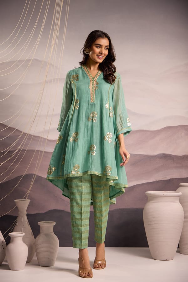 Chanderi High-Low Kurta with Sequin Floral Embroidery and Tissue Pants — Omi Clothing