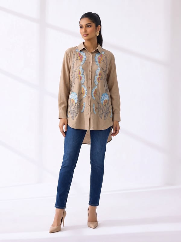 Beige Cotton Embroidered Longline Shirt — THE LUXURY DRESSING