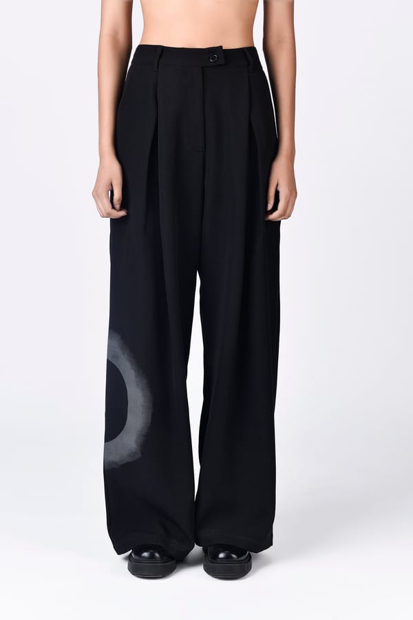 Black Wide-Leg Pleated Trousers with Eclipse Print — Genes Lecoanet Hemant