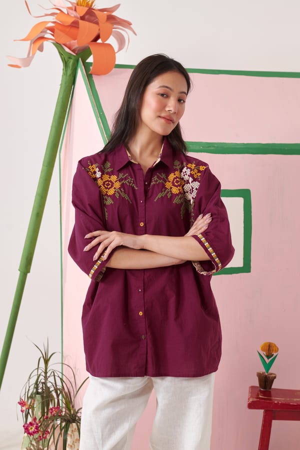 June Burgundy Pixel Boxy Shirt — Shop Roho