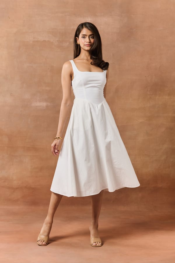 White Fit and Flare Square Neck Midi Dress — Lea Clothing