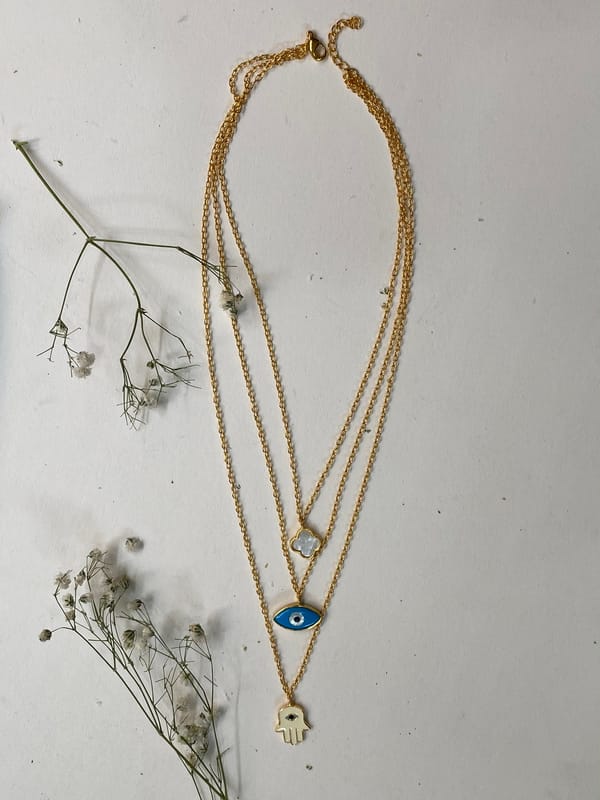 Multi Layer Neckchain - Hamsa, Clover, Evil Eye — Azga