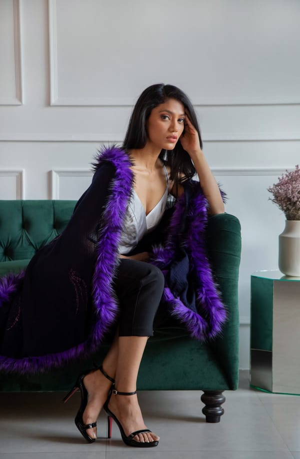 Navy Blue Wool Shawl with Purple Fur Border — Rhe-Ana