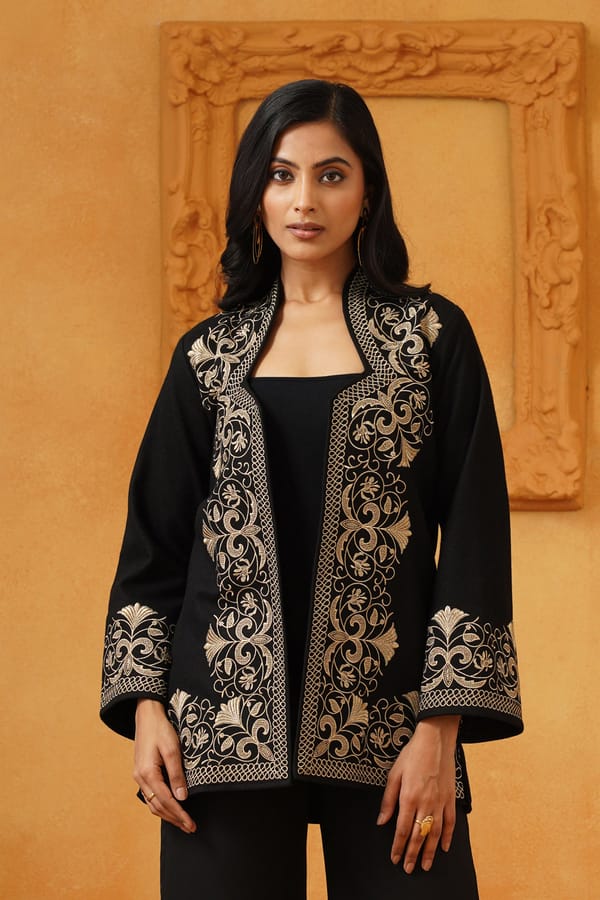 Black Tweed Embroidered Open-Front Jacket — NEETIKA CHOPRA