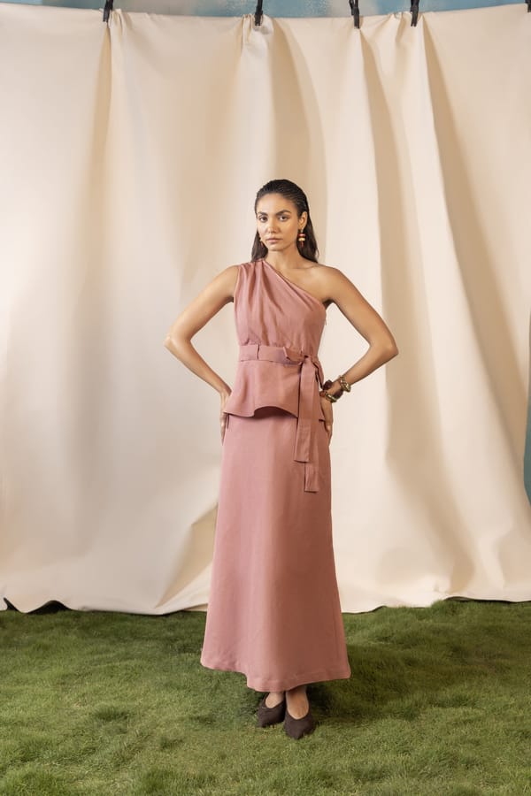 Dusty Rose One-Shoulder Peplum Top and Maxi Skirt Set — House of Araish