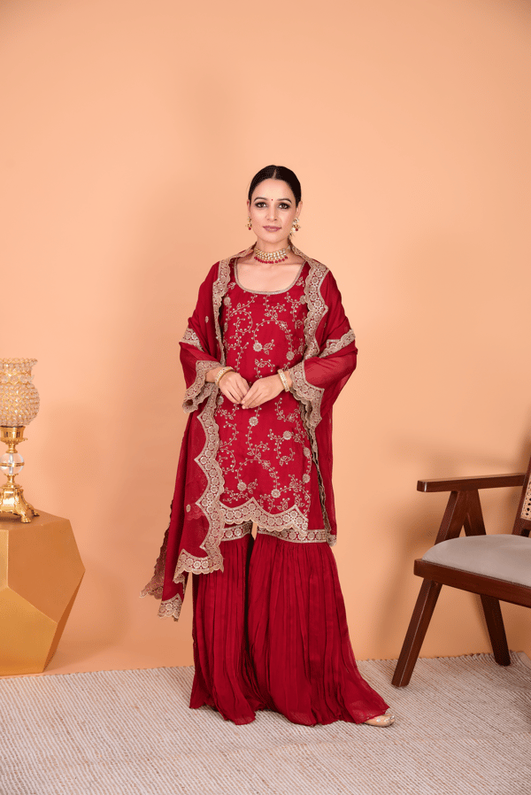 Maroon Organza Zari Embroidered Kurta Sharara Set — NARAYANI VASTRA