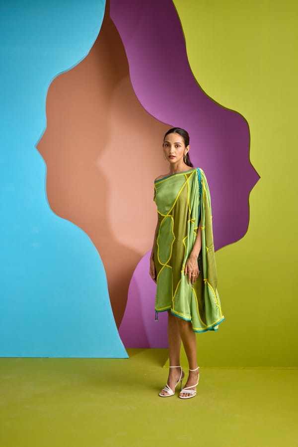 Green One-Shoulder Asymmetrical Midi Kaftan Dress — CUIN
