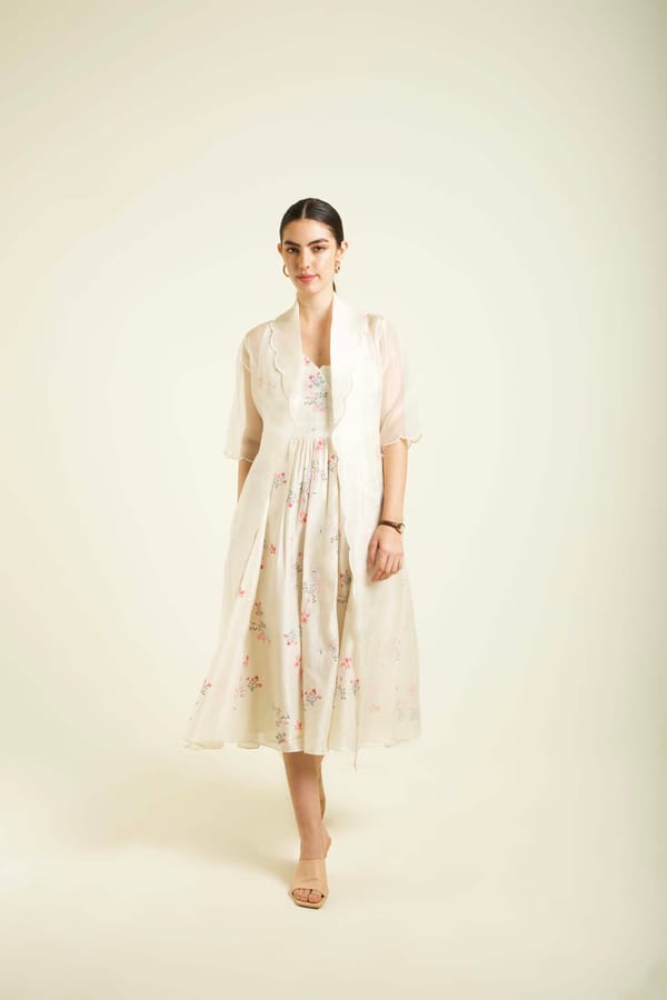 Ivory Scalloped Organza Jacket With Printed Strap Dress — Arcvsh Pallavi Singh