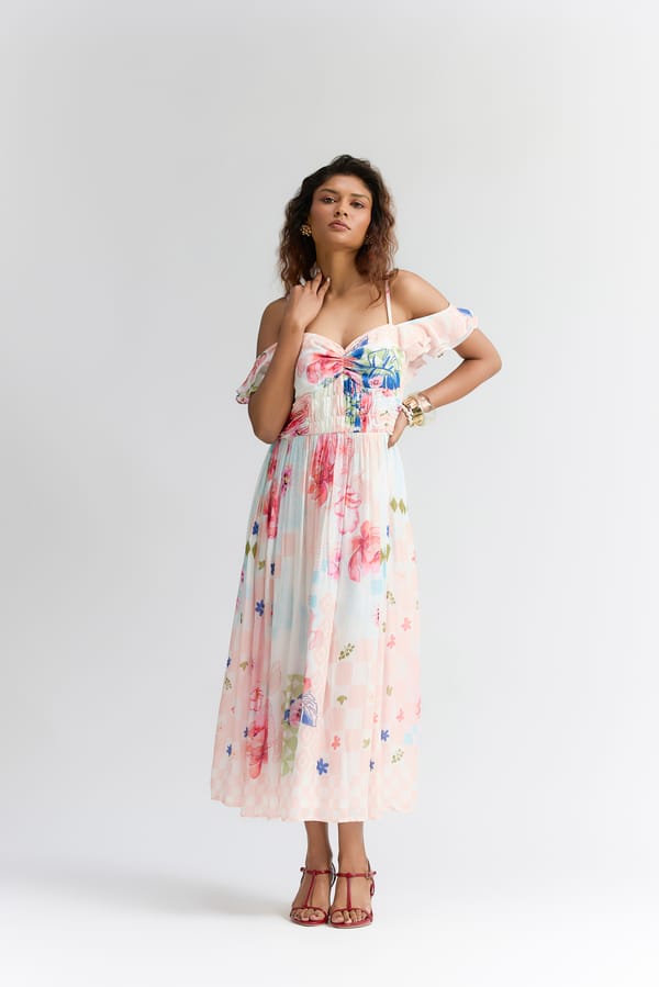 Multi Coloured Silk Abstract Floral Printed Dress — Itara an another