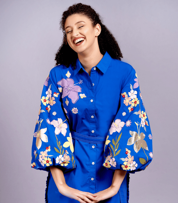 Electric Blue Belted Shirt Dress with Balloon Sleeves — RUCHIKA  MALLIKA LABEL