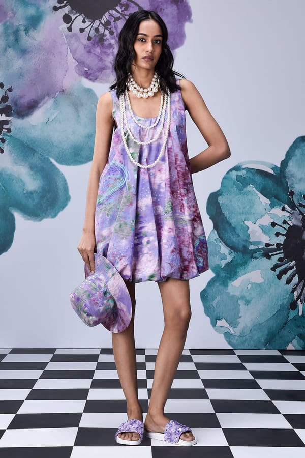 Lavender Abstract Print Mini Balloon Dress in Giza Cotton — Genes Lecoanet Hemant
