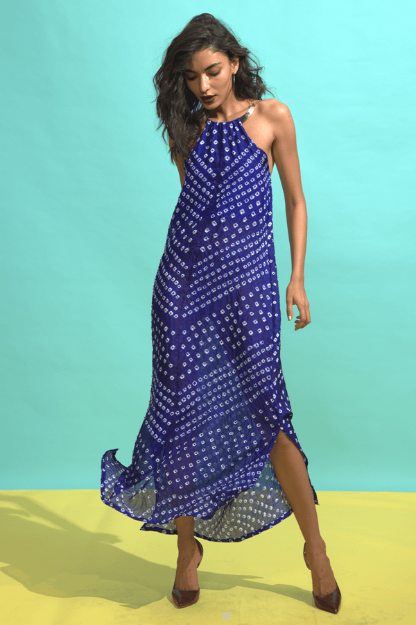 Royal Blue Bandhani Halter Maxi Dress with Metal Choker — Dash and Dot