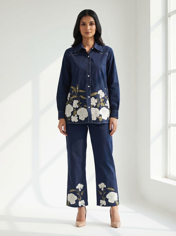 Navy Cotton Shirt and Wide-Leg Pants Co-ord Set — RUCHIKA MALLIKA LABEL