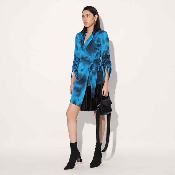 Blue Tie-Dye Satin Wrap Jacket Mini Dress — Linetribe