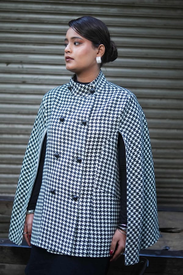 Black and White Houndstooth Merino Wool Cape Coat — YELL